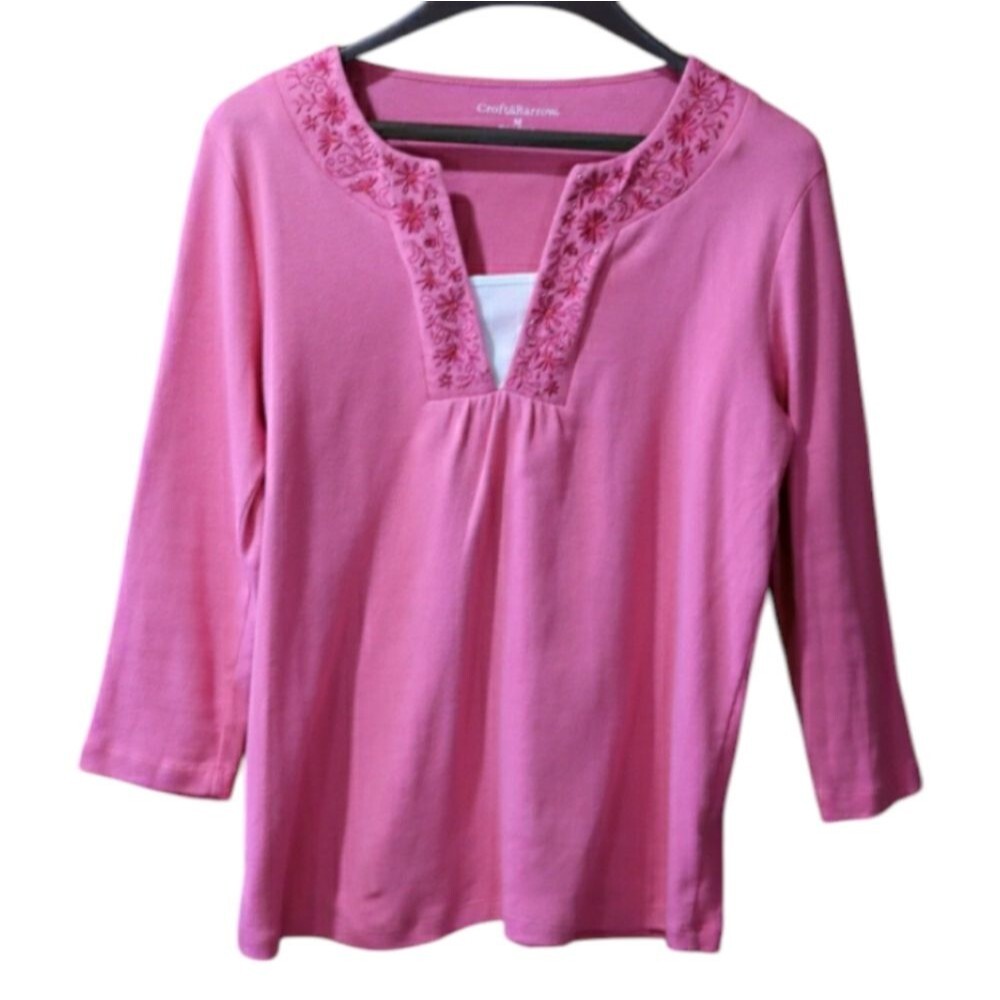 Croft & Barrow Pink & White Embroidered 3/4 Sleeve Vintage 90s Layered Look Top
